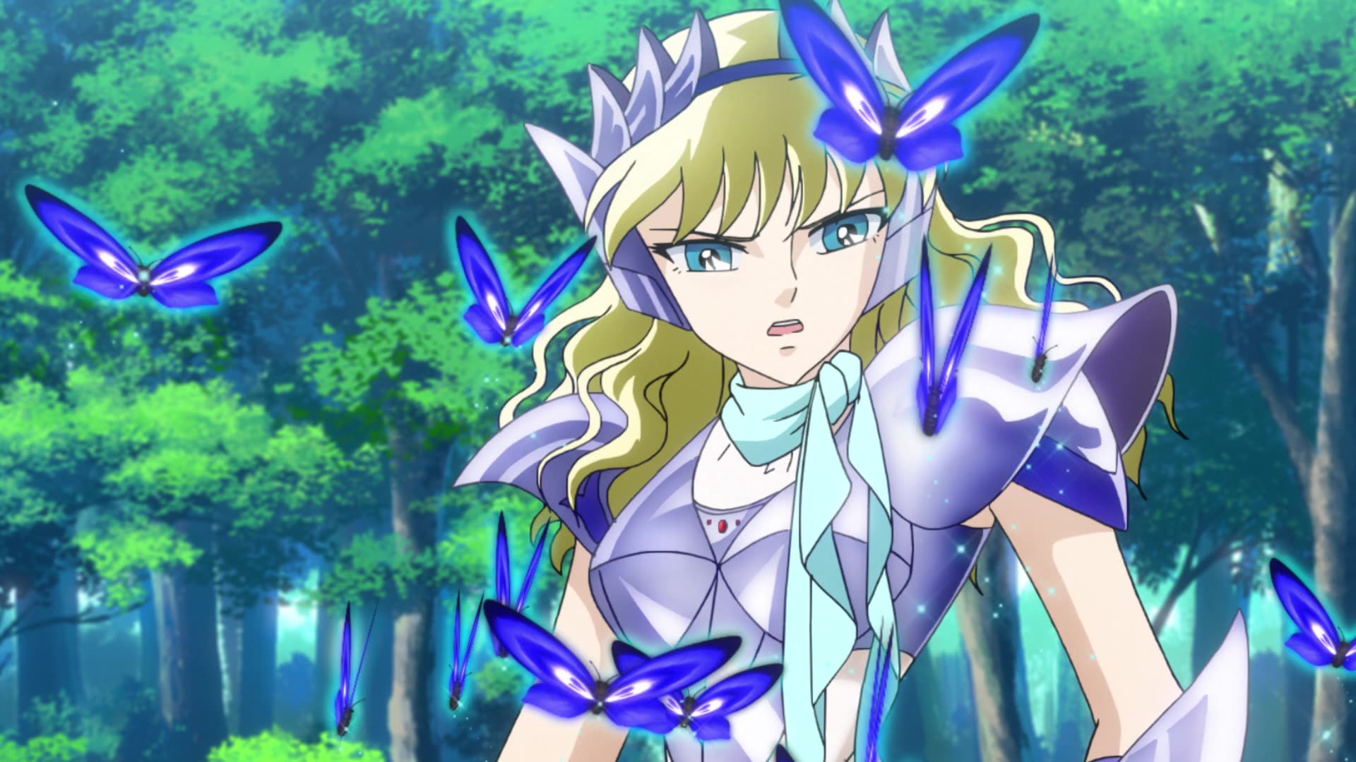 A blonde saintia in armor with blue butterflies around her.
