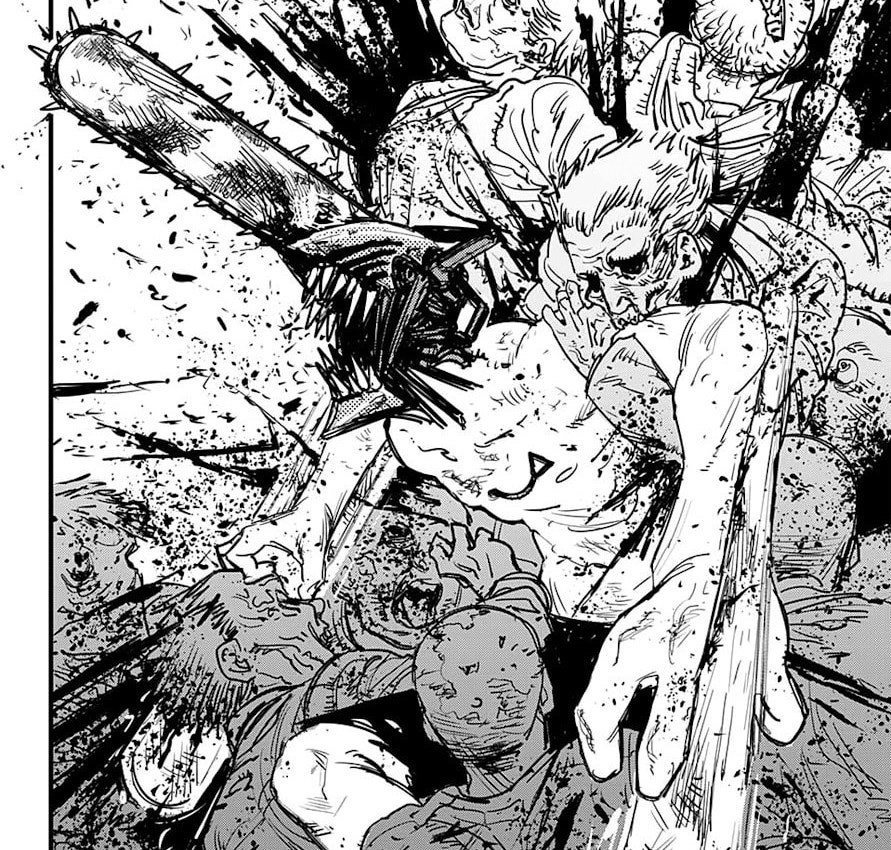 Chainsaw Man trying to escape from a mass of zombies. He has chainsaws coming out of his head and hands.