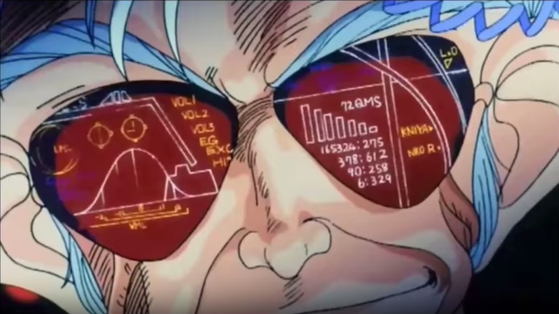Mad scientist Dr. Wattsman from Dirty Pair: Project Eden wearing reflective glasses, smirking.