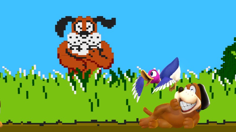 Duck Hunt dog and duck laughing and taunting in a stage patterned after the original 8-bit Duck Hunt game, with the original dog laughing in the background.