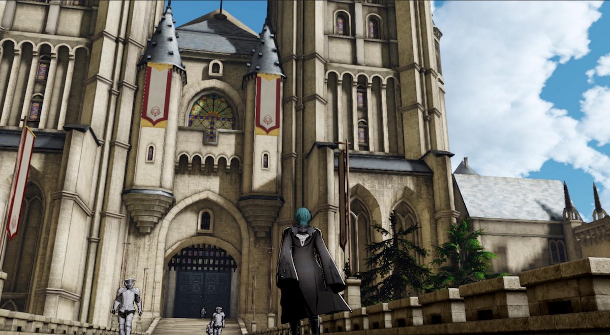 A Fire Emblem character with blue hair standing in front of a large stone castle.