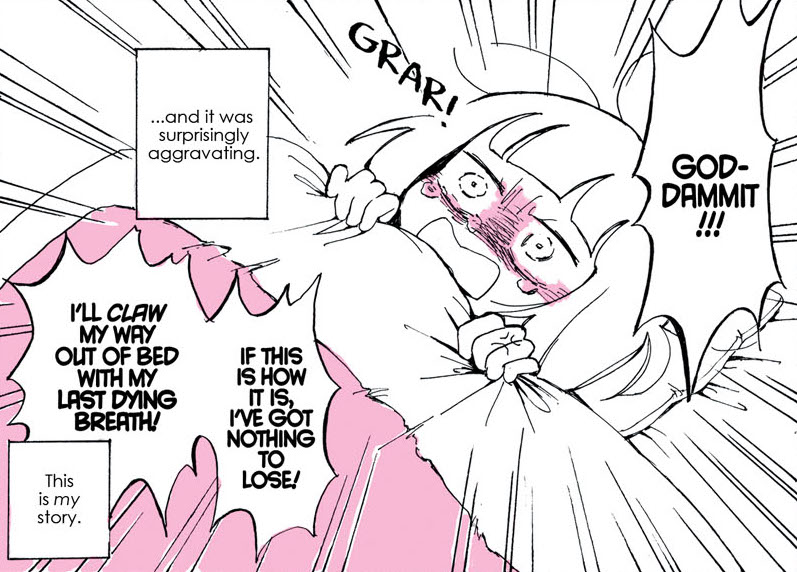 Kabi in My Lesbian Experience with Loneliness lying under the covers in bed and shouting about how she’ll “claw her way out of bed with her last dying breath.”