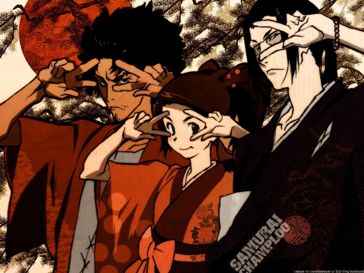 Mugen, Fuu, and Jin from Samurai Champloo standing next to each other and holding up double peace signs. Mugen is a man with wild hair and stubble, Fuu is smiling and has her hair up in a bun, and Jin has glasses and a ponytail.