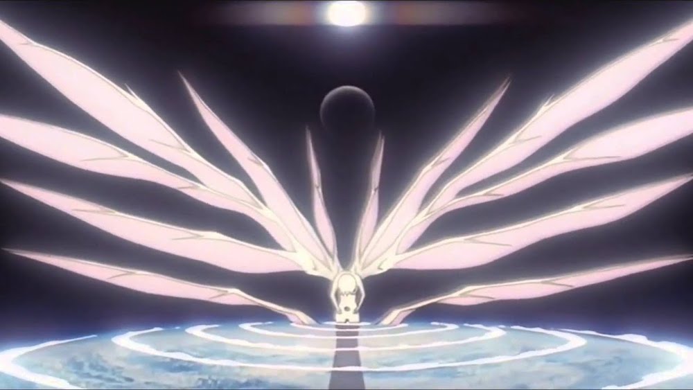 Scene from End of Evangelion: a white humanoid figure with giant wings hunched over the planet Earth, with the Sun visible distantly overhead.