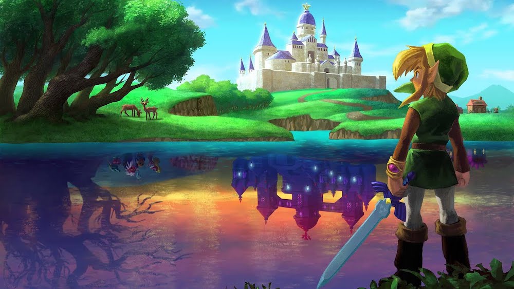 Link standing at the edge of a lake looking at Hyrule Castle. In the lake’s reflection you can see a dark version of the castle.