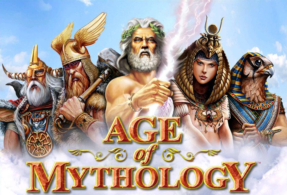 Age of Mythology logo, featuring art of gods from various cultures including Greece, Egypt, and Vikings.