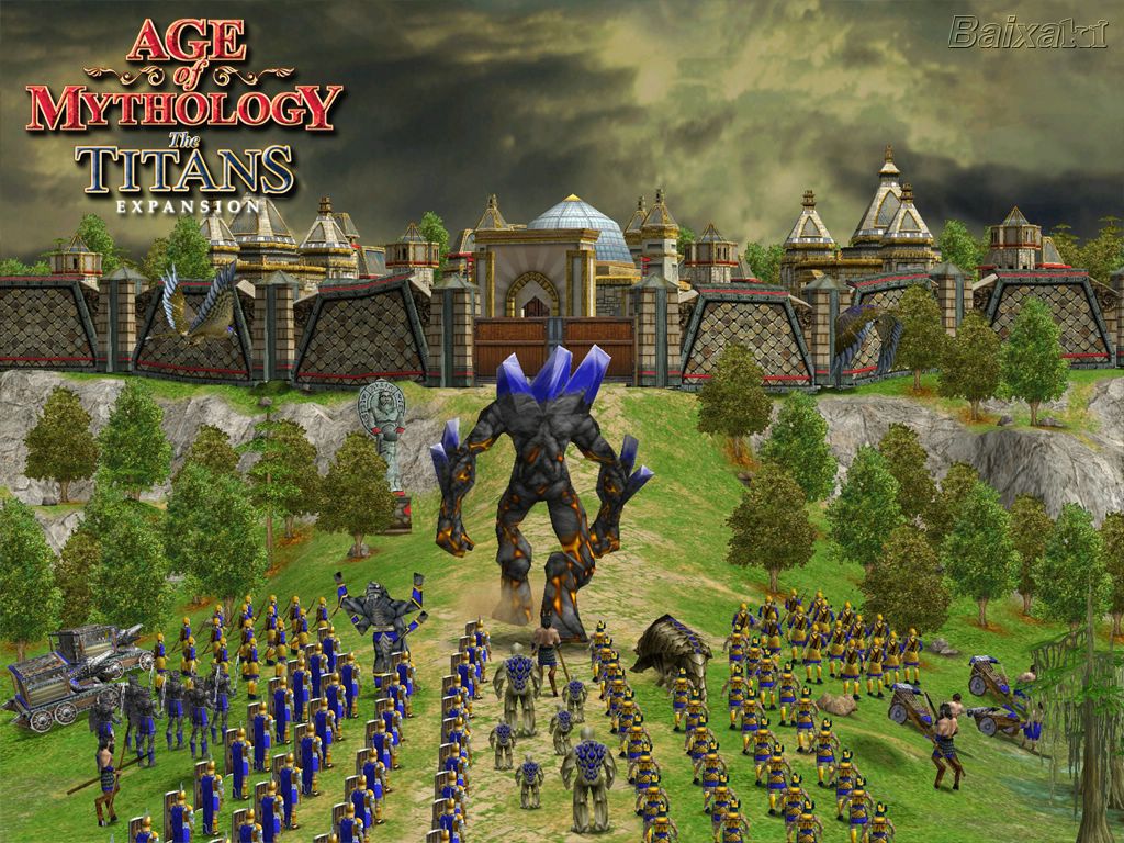 Scene from the Titans expansion featuring a giant stone monster marching on a walled city.