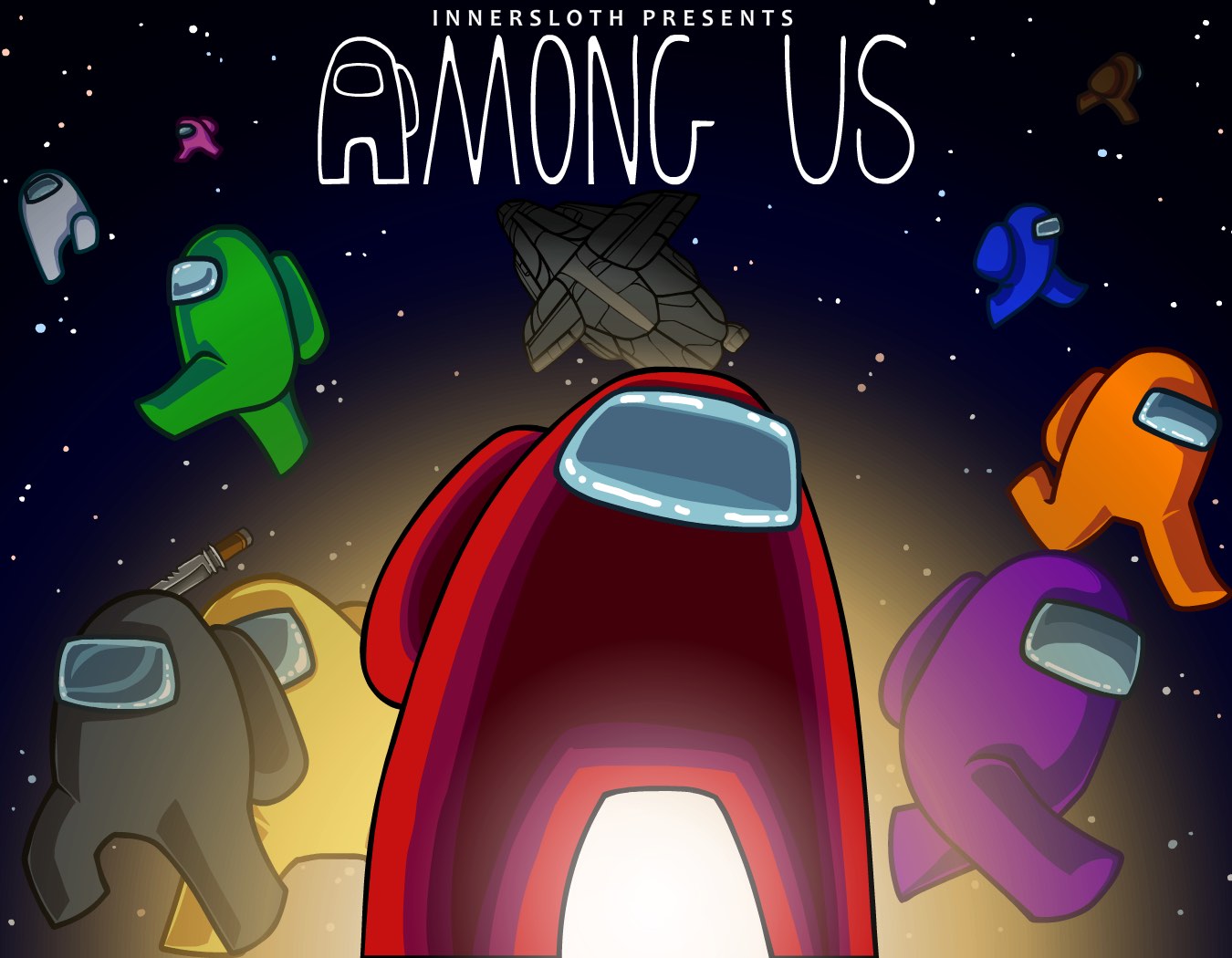 Among Us artwork. A group of bean-shaped astronaut characters standing in front of a space background.