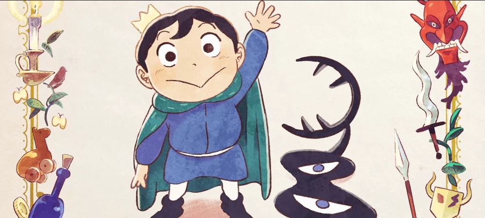Bojj and Kage from Ranking of Kings waving at the camera. Bojj is a little kid prince and Kage is a shadow with eyes.