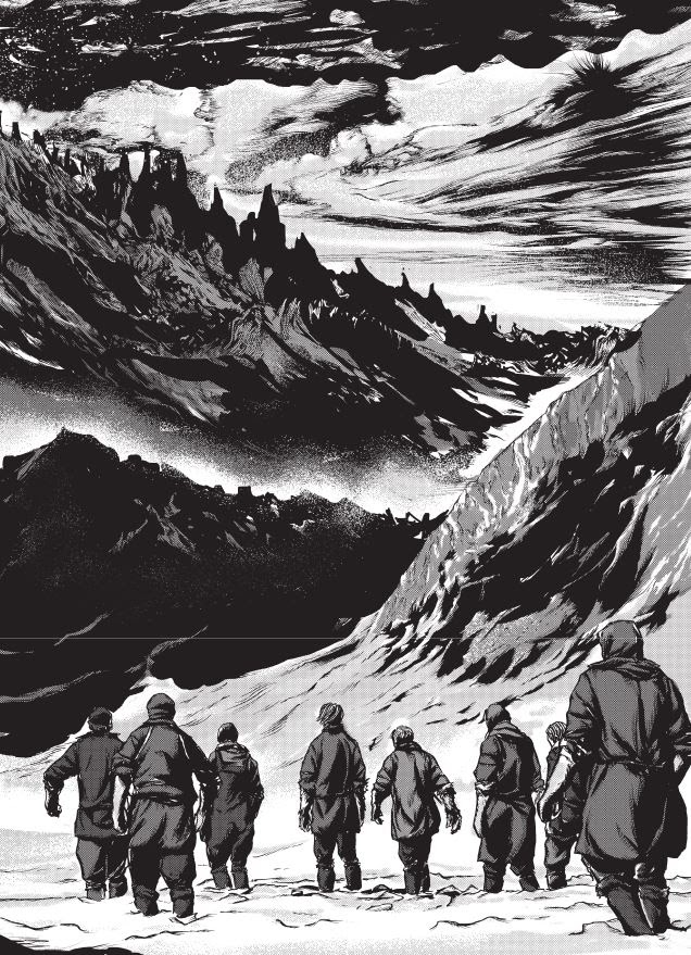 Page from At the Mountains of Madness. A group of men walk toward imposing looking mountains in the distance.