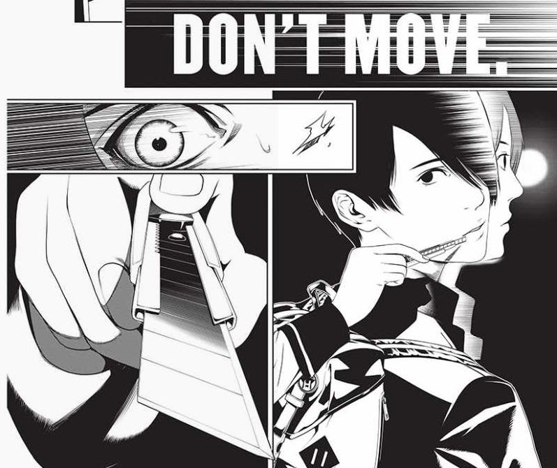 Page from Bakemonogatari. A girl holds up a box cutter to Araragi’s mouth and says “don’t move.”