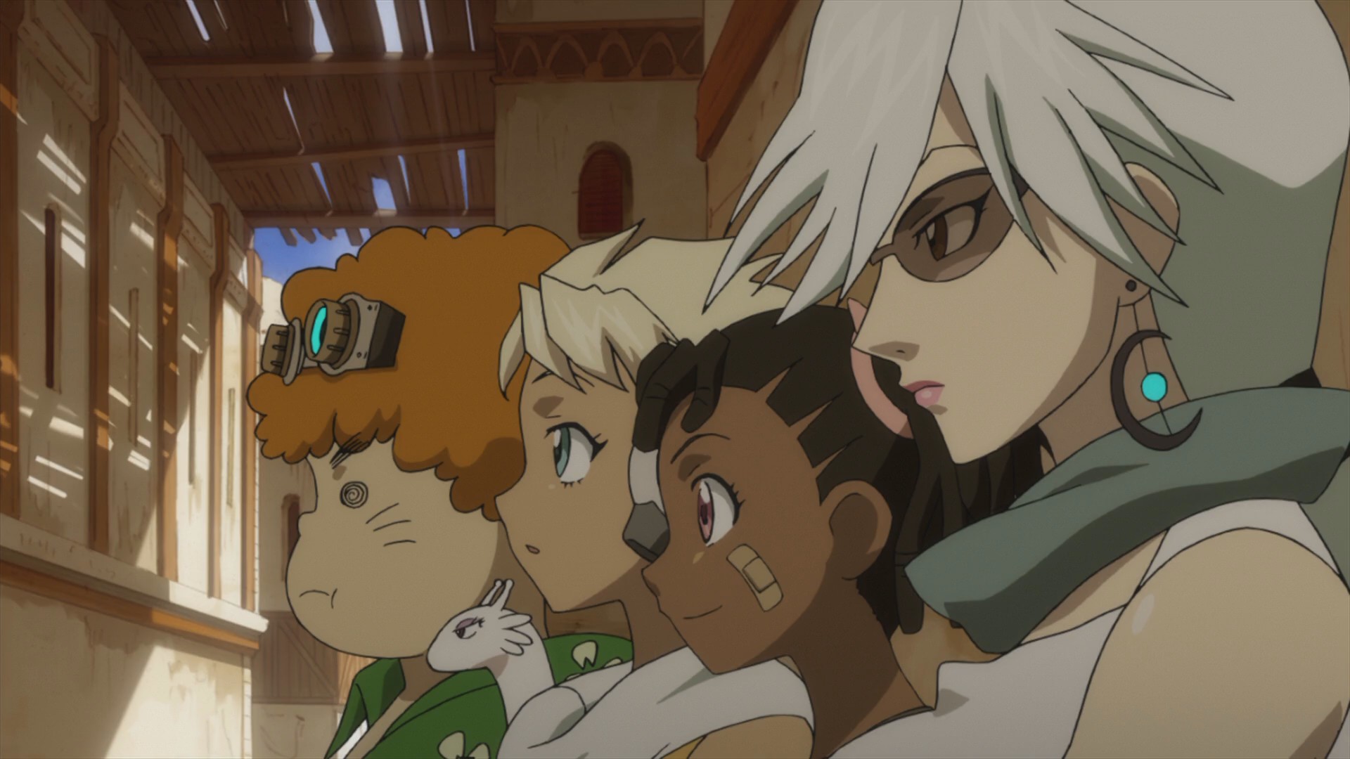 Four of Dan’s allies: Bel, an overweight boy with goggles; Sela, a young athletic girl; Miyuki, a young girl with a band-aid on her face; and Haruka, a woman with white hair and sunglasses.