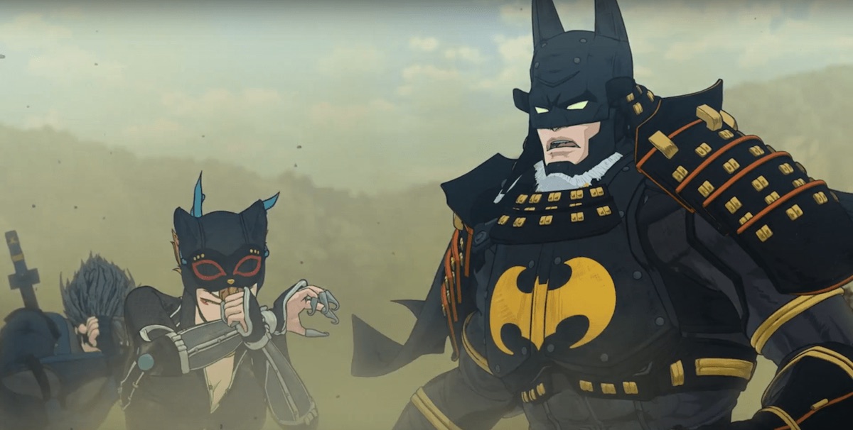Batman in samurai armor next to Catwoman