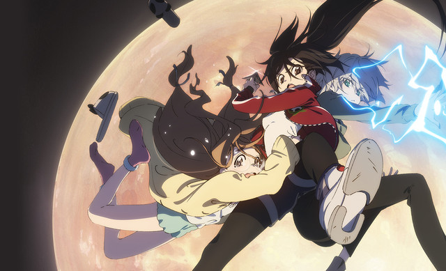 Rikka, Mia, and Melissa from Blackfox falling through the sky in front of a moon, while sparks come out of Mia’s hands.