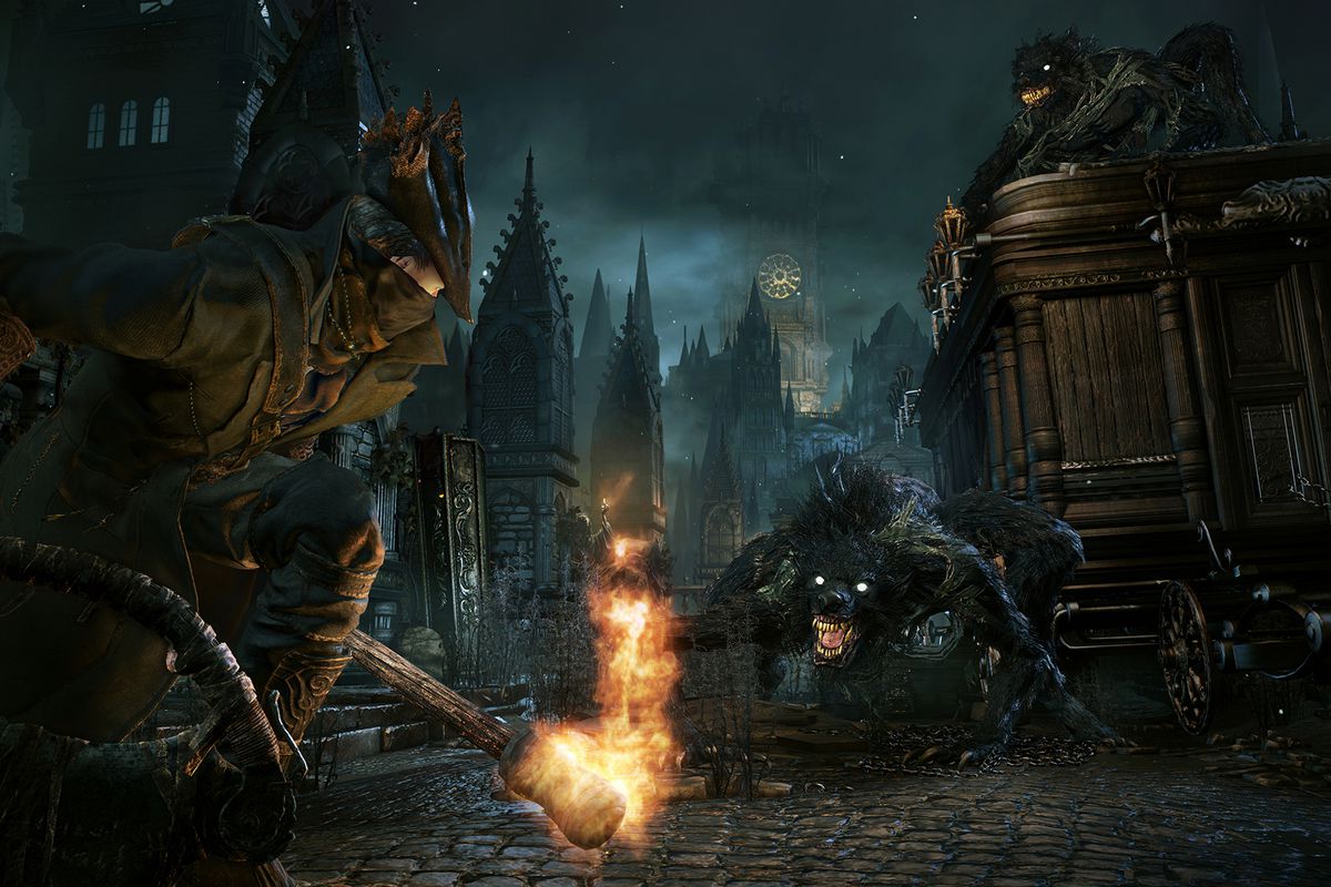 The Hunter from Bloodborne creeping toward a carriage guarded by wolf monsters.