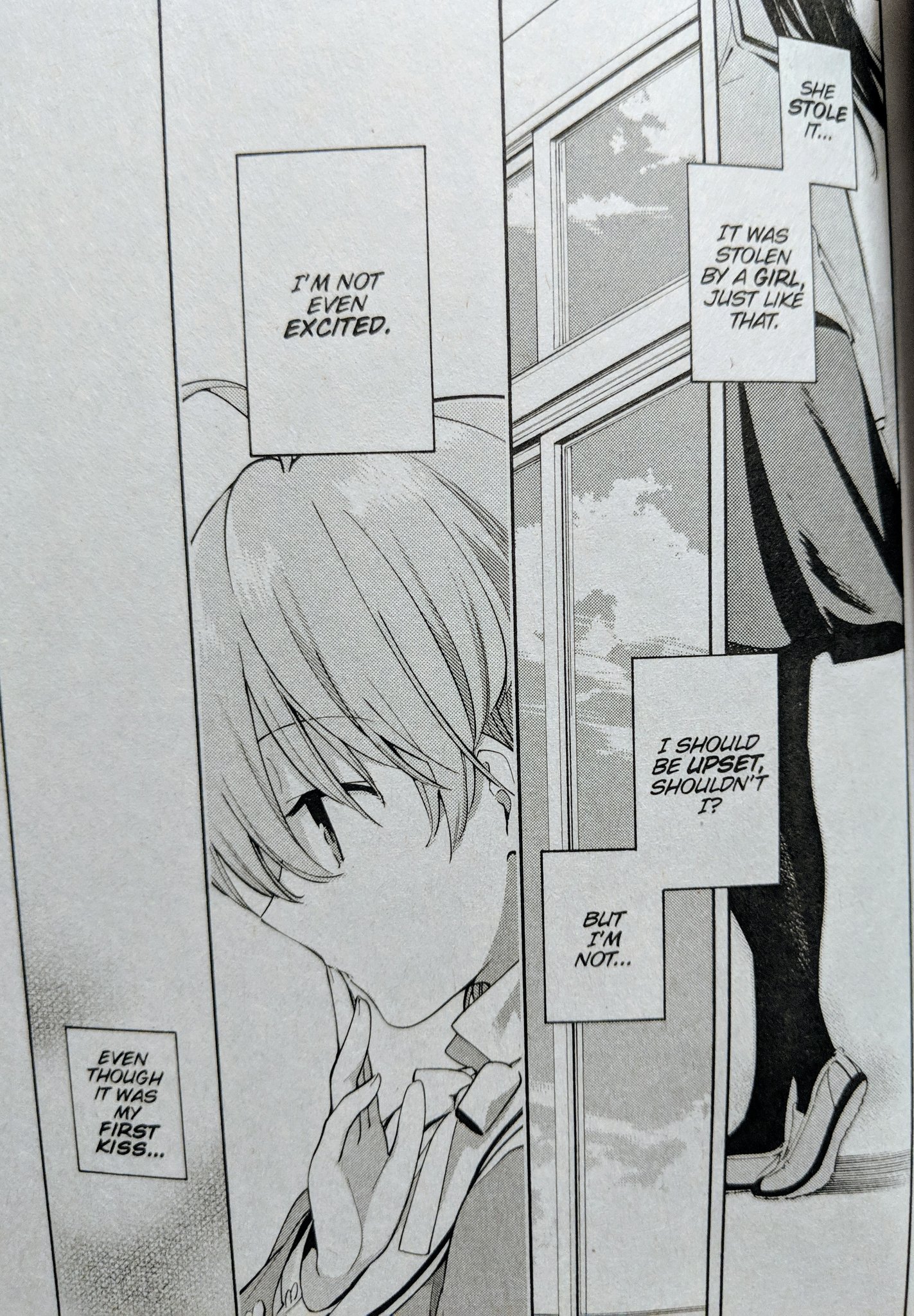 Page from Bloom Into You. Yuu contemplates her first kiss. “I’m not even excited,” she thinks.