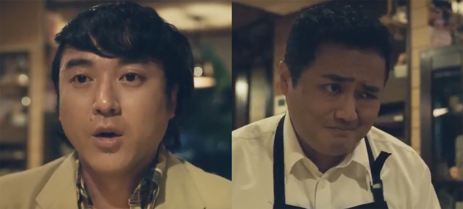 An actor playing Yamaga in one shot, and the real Yamaga playing a shop owner in another shot.