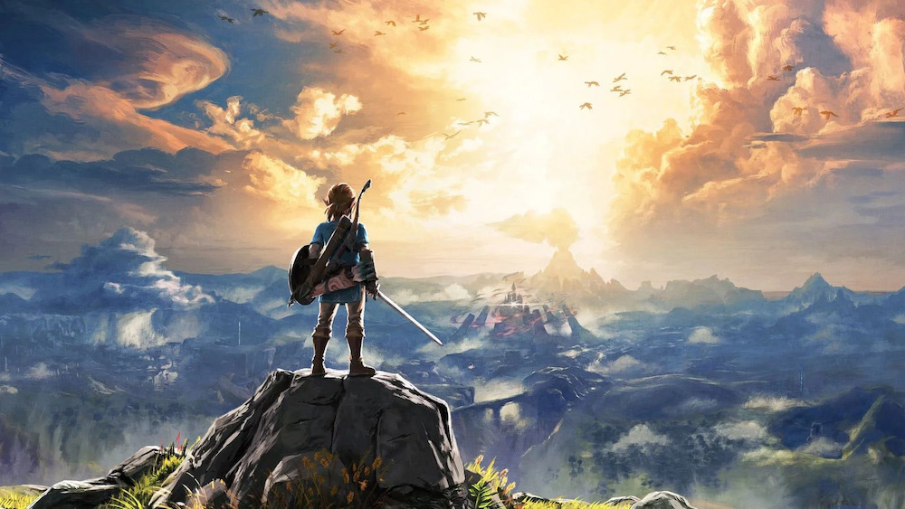 Link standing on a rock overlooking Hyrule in Breath of the Wild.