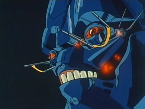 A Boomer from Bubblegum Crisis, a blue robotic skeletal face