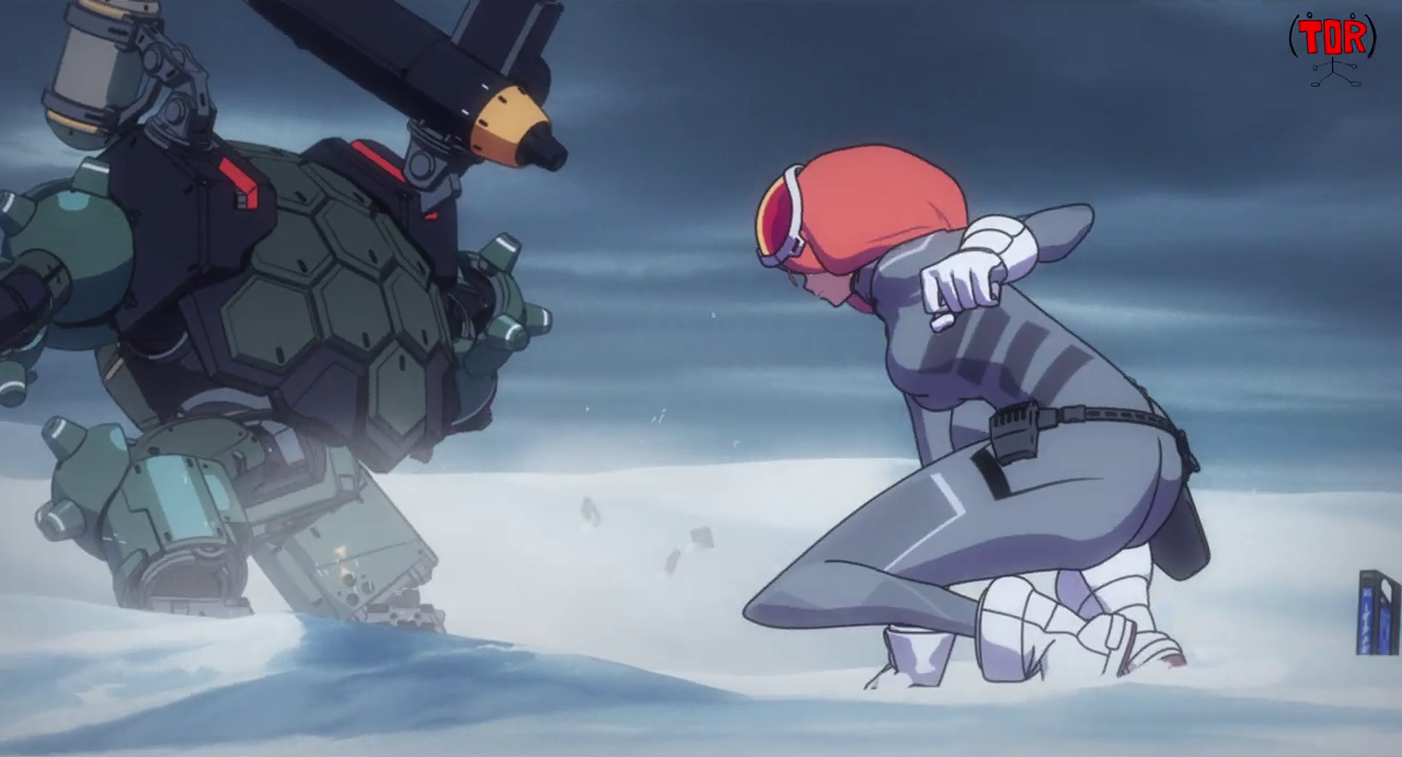 Yuri landing on the snow behind her robot Sandro, who looks like a turtle