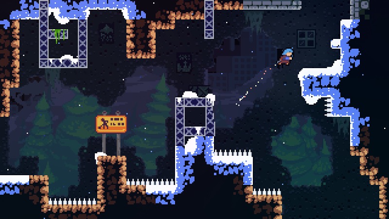 2-D platforming level with spike floors. A blue-haired character dashes up to a platform.