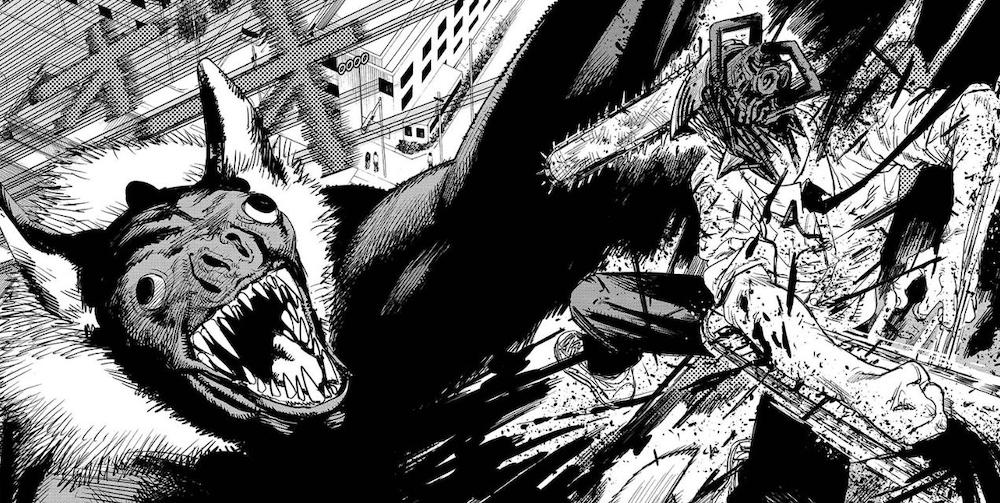 Spread from Chainsaw Man. Denji attacks a bat devil with his chainsaws.