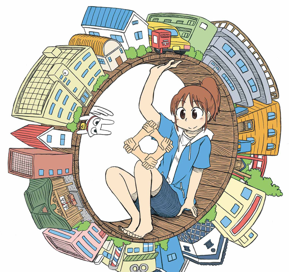 Young woman in manga artwork sitting inside a wooden wheel with city buildings on its outer edge