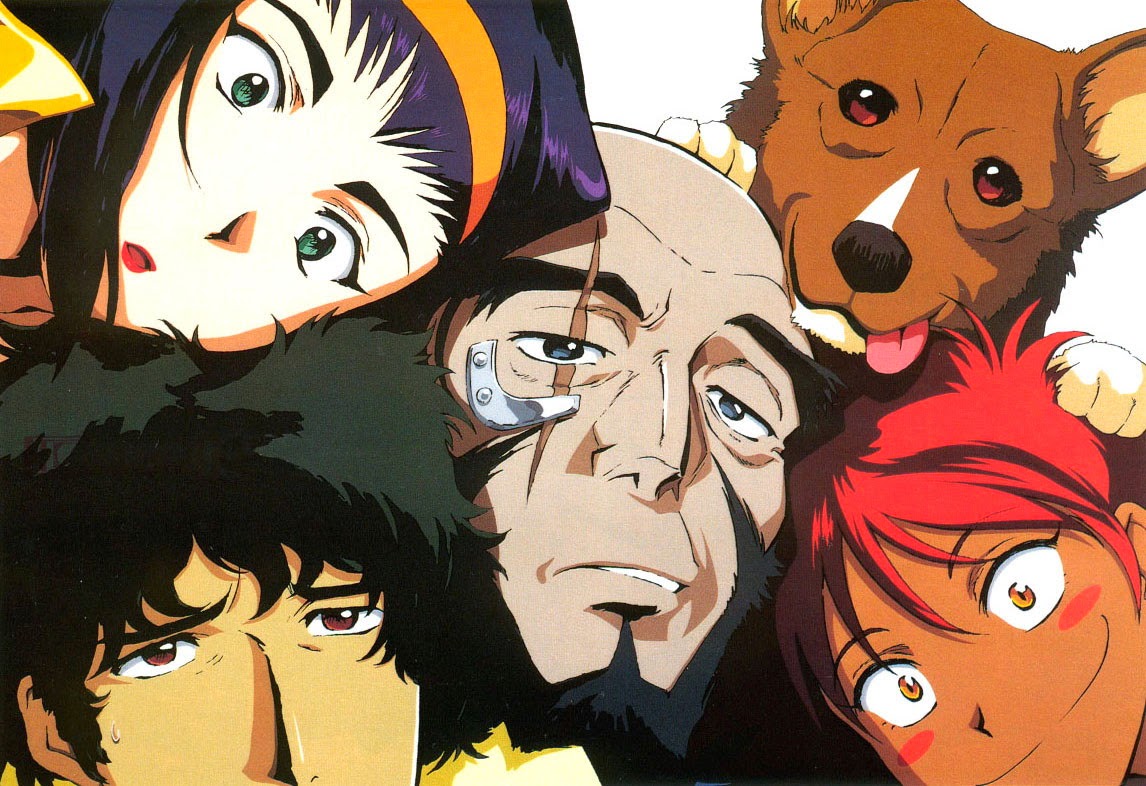The cast of Cowboy Bebop, their faces smushed into the frame. Faye looks surprised, Spike looks exasperated, Jet looks half asleep, Ed looks excited, and Ein has his tongue out.