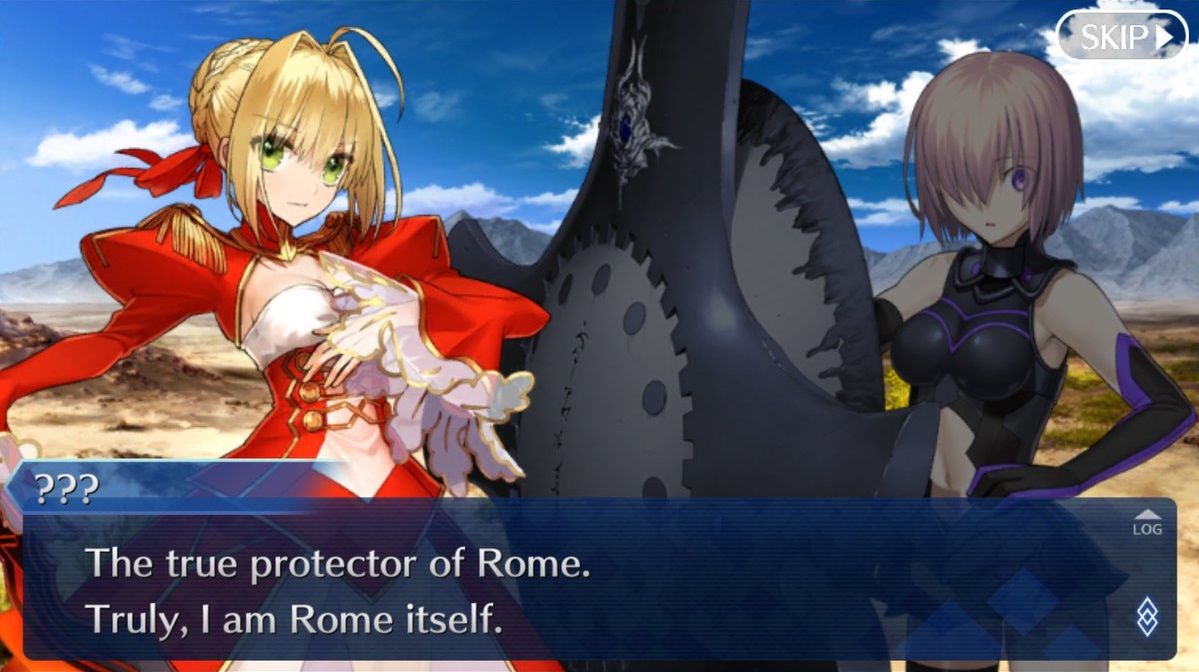 Screenshot of a dialogue scene between two Fate/Grand Order characters. One unidentified character says “The true protector of Rome. Truly, I am Rome itself.”