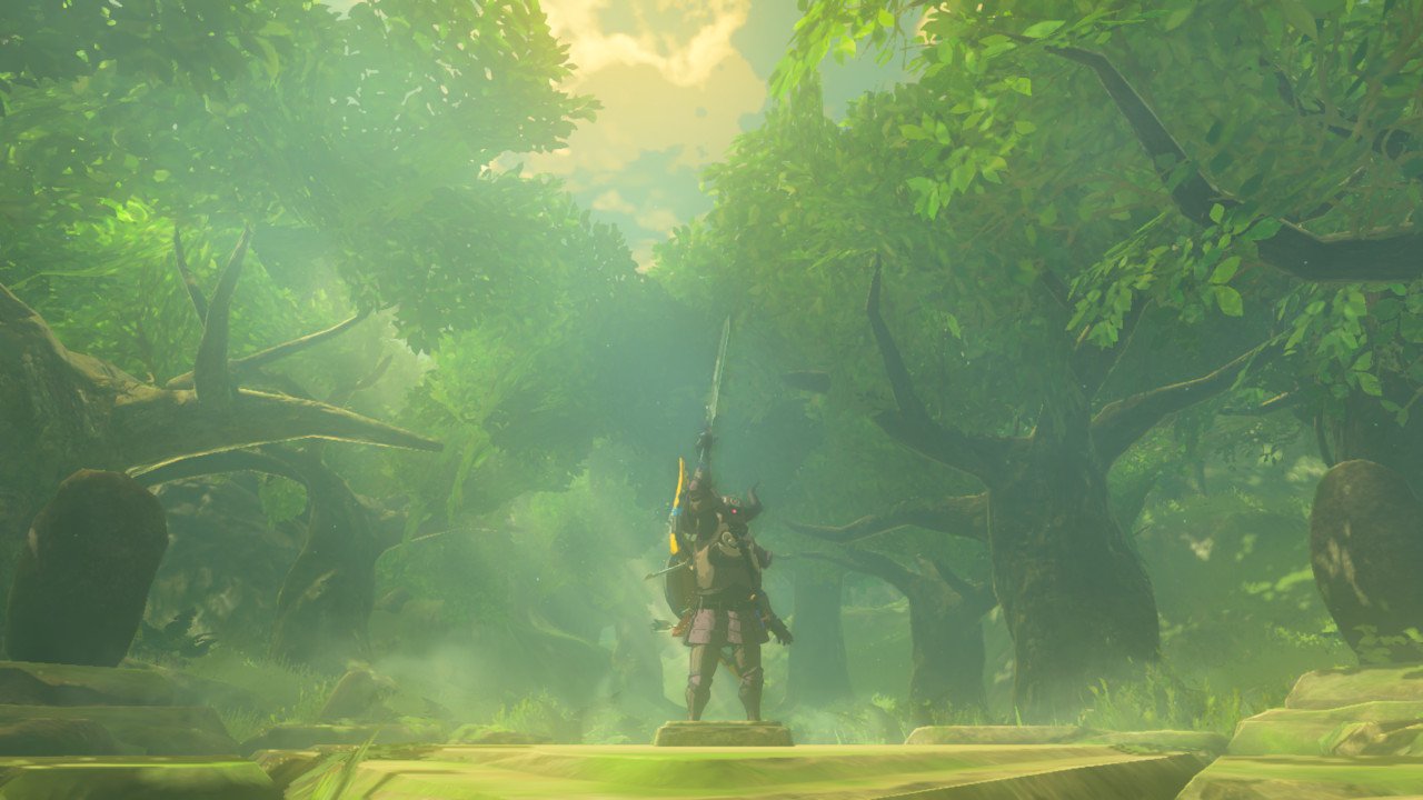 A character dressed in full armor holding up a sword in front of a pedestal in the forest