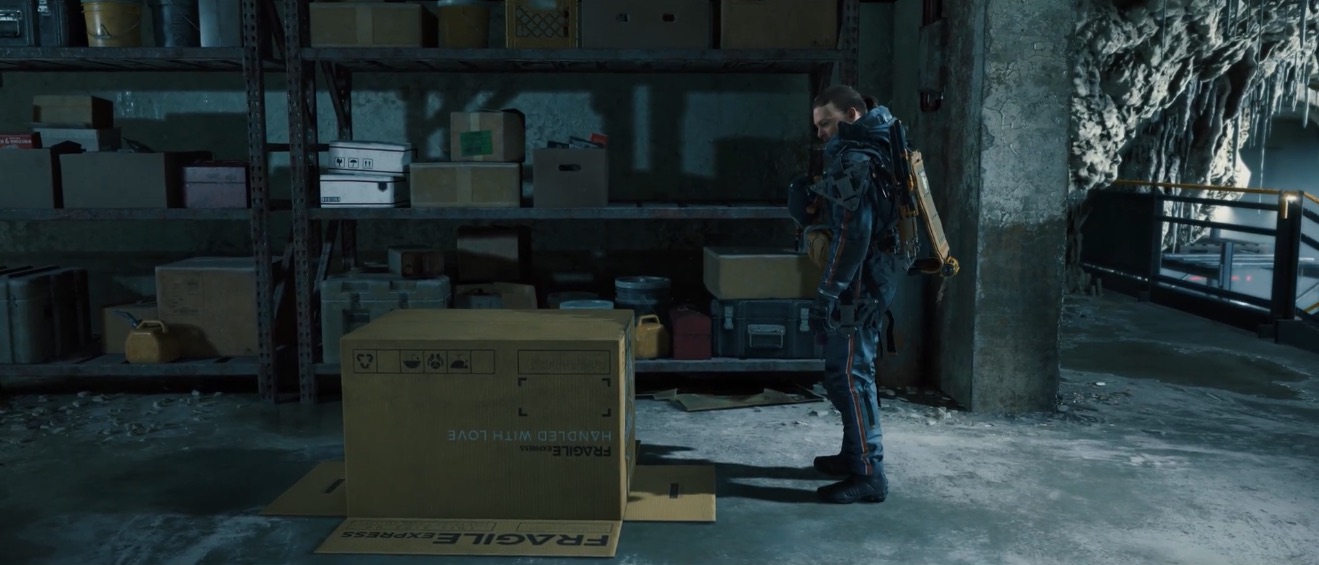 Sam Porter Bridges from Death Stranding standing in front of a cardboard box.