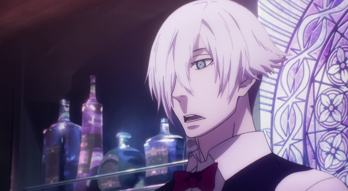 An anime man with white hair and blue eyes looking down and speaking.