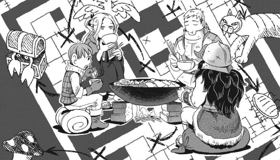 Four adventurers sit around a pot, happily digging into a meal