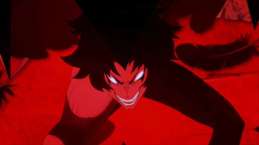 Akira from Devilman Crybaby transforming into Devilman. The entire shot is tinted a deep red.