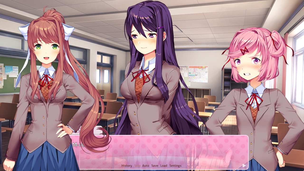 Three girls standing in next to each other in a visual novel interface