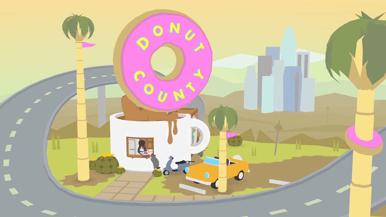 Flat colored scene of a donut shop shaped like a mug with giant donut on top. The donut has text that says “Donut County”