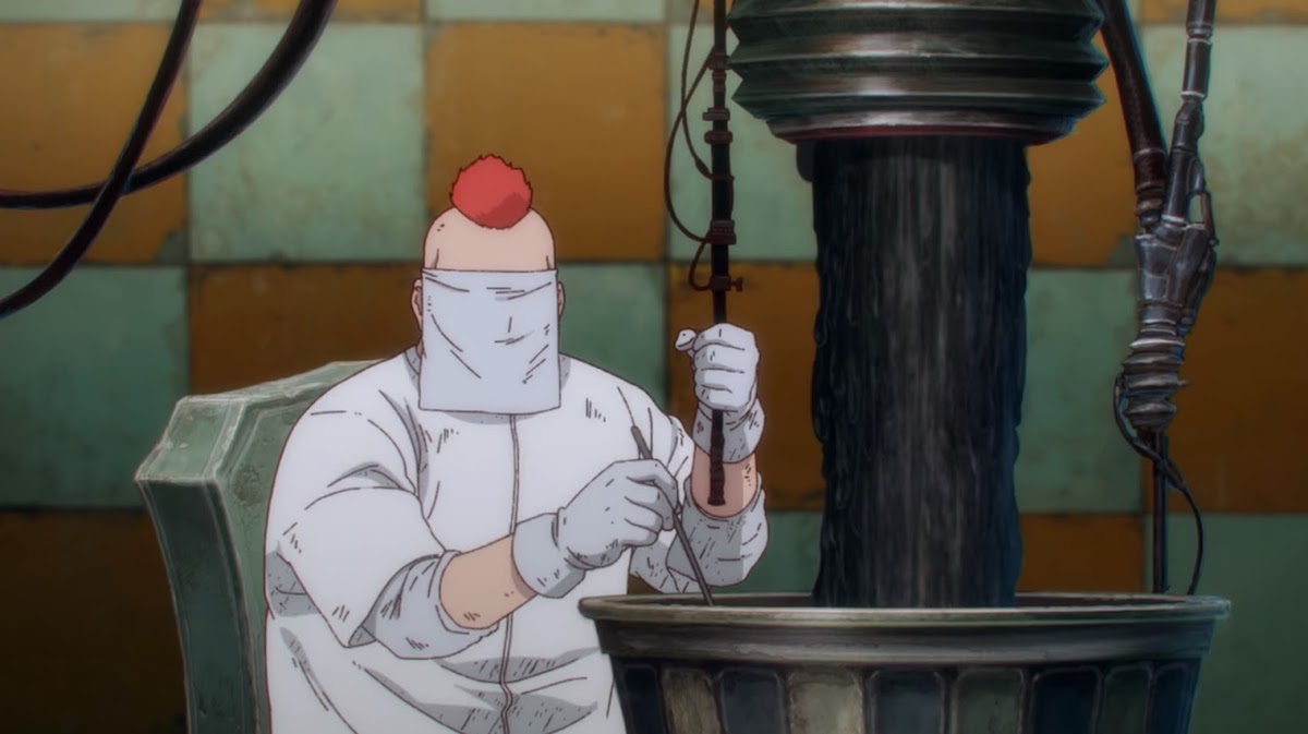 A doctor with a mohawk stirring something in a big pot from Dorohedoro.