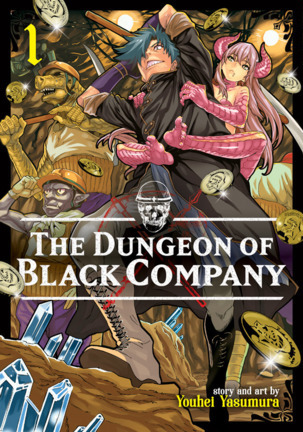 Cover of The Dungeon of Black Company Volume 1, with a grinning hero and a monster girl clinging to his back.