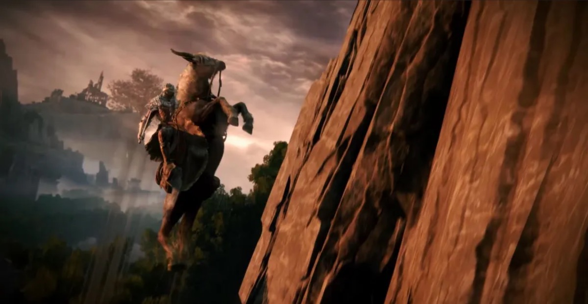 Elden Ring character on a horse jumping up a sheer cliff.