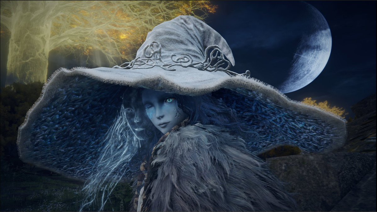 Ranni the Witch from Elden Ring. She’s blue and has a huge hat.