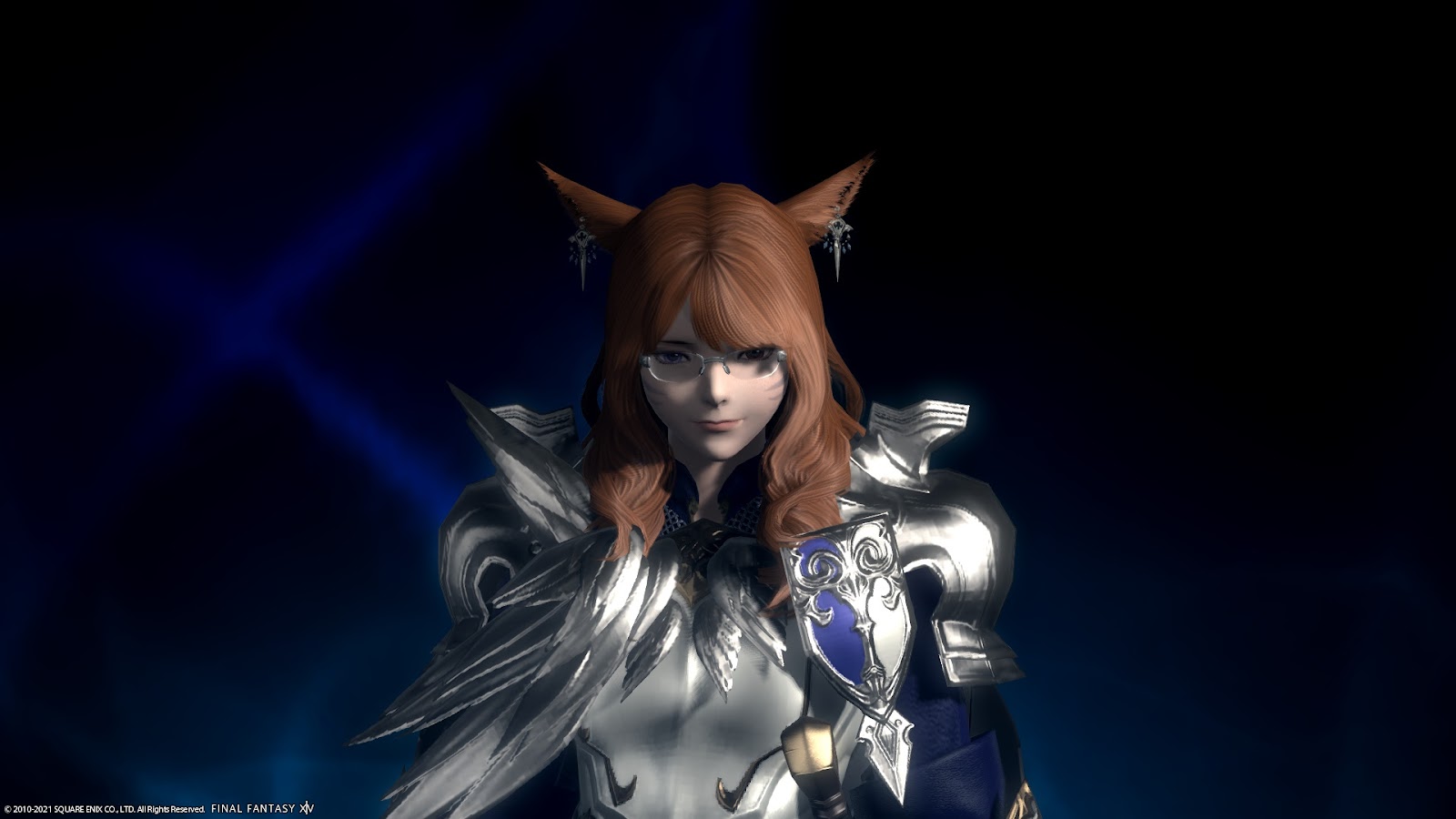A female Final Fantasy XIV character with fox ears, glasses, and armor.