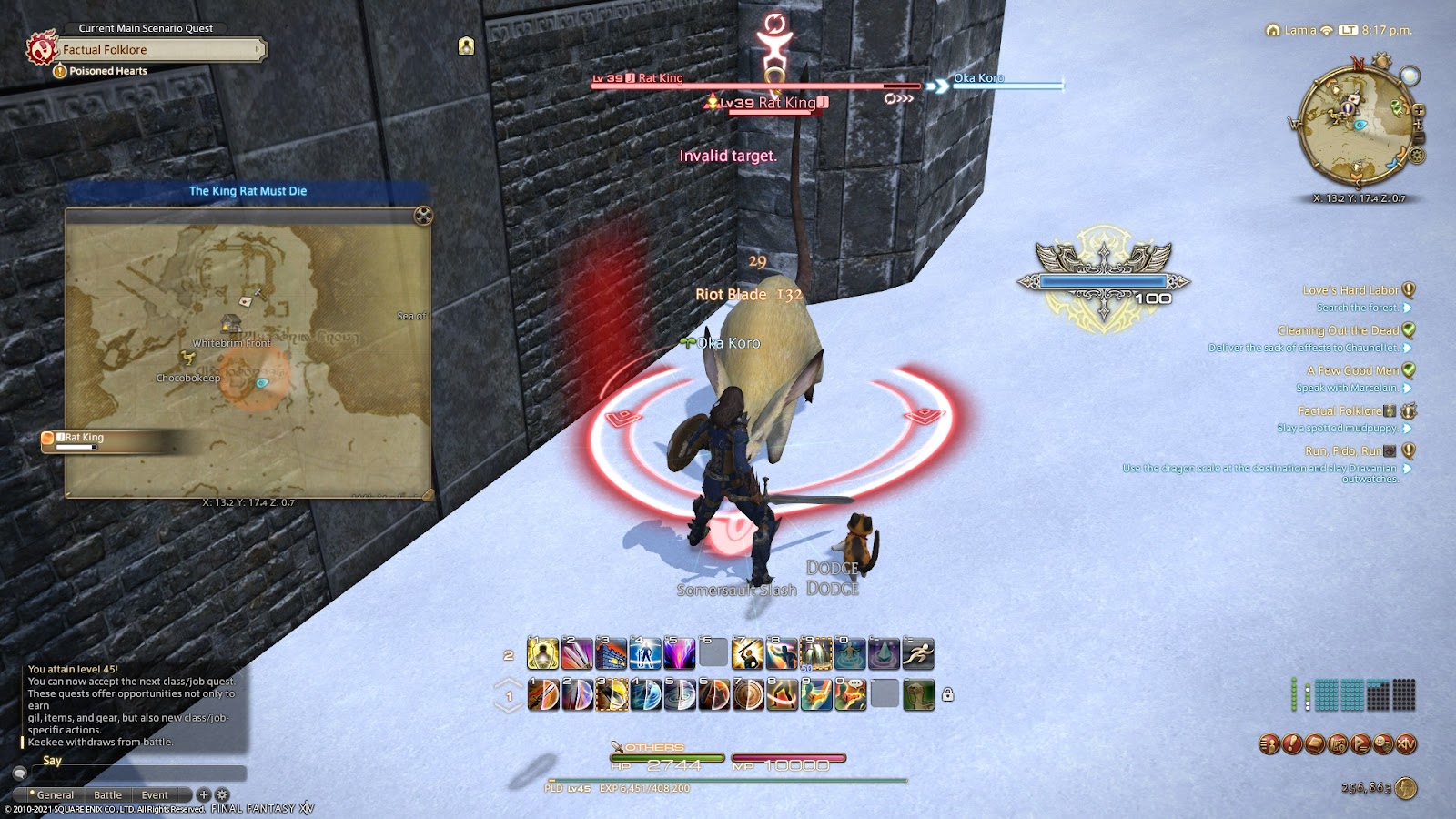 A Final Fantasy XIV character fighting a giant animal with a sword in the snow near some stone walls.