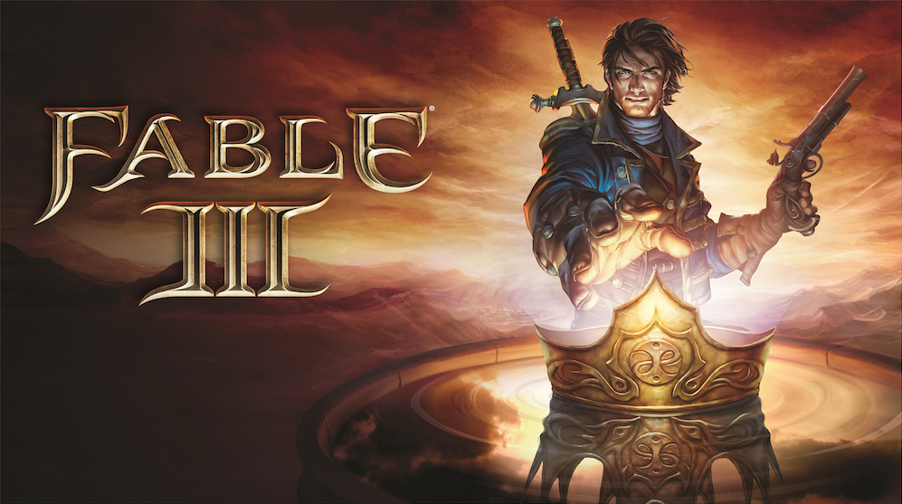 The hero of Fable III reaching out to a crown while holding a gun.