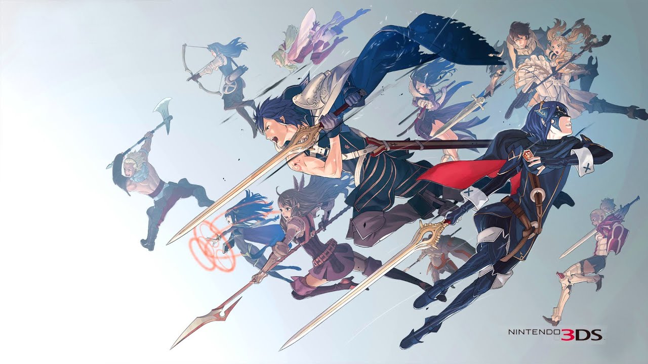 The cast of Fire Emblem Awakening with their weapons drawn.