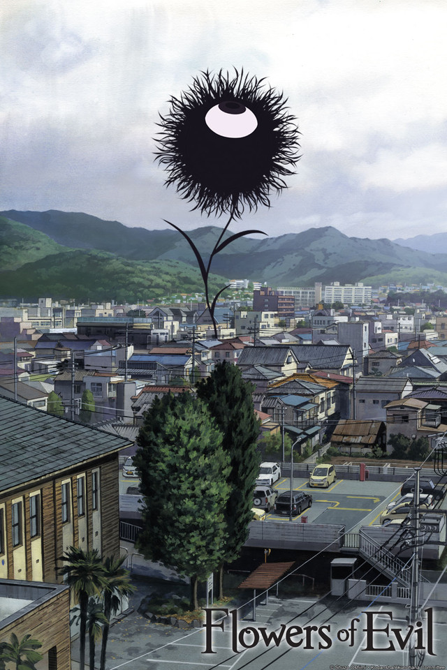 Cover of Flowers of Evil, featuring a giant black flower with an eye facing up.