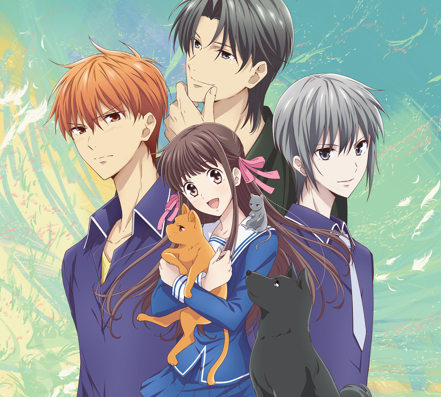 The cast of Fruits Basket. Tohru is a high school girl surrounded by two high school boys, an older man, a cat, a dog, and a rat.