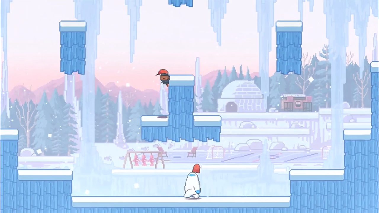 A small ninja character with a snapback and a yeti with a beanie, in a snowy platforming level.
