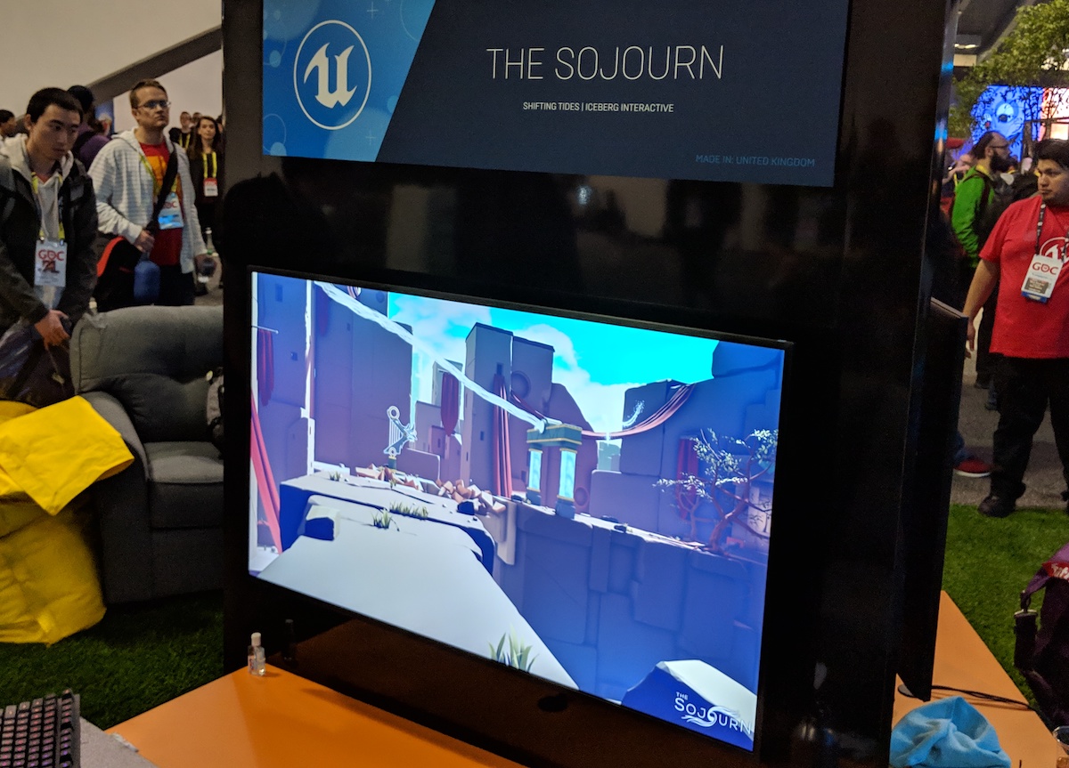 Screen at the Unreal booth showing The Sojourn, featuring a brightly lit stone environment.