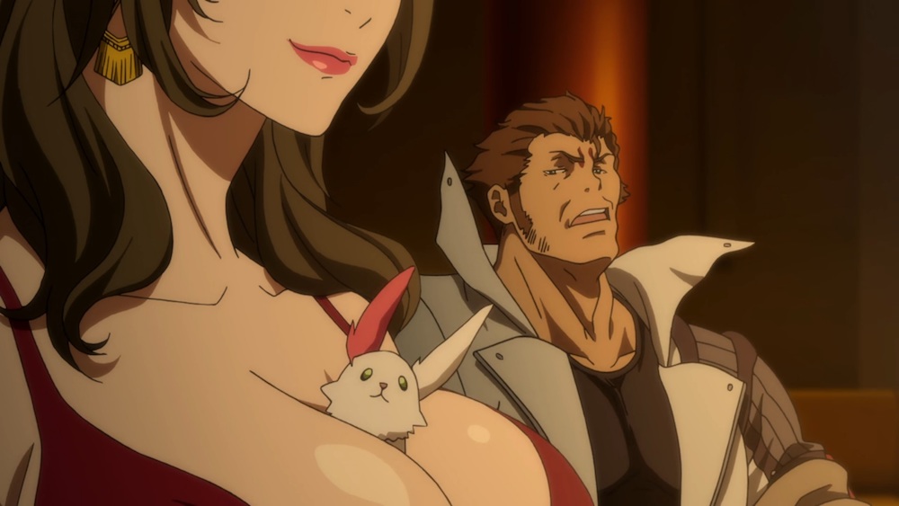 A gruff anime man with slicked back hair looking disapprovingly at a small white creature sticking out of a woman’s cleavage