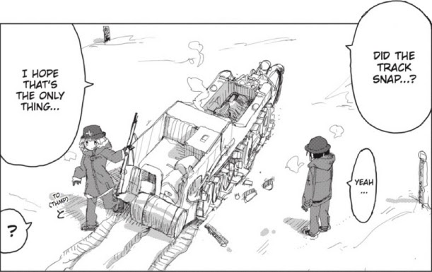 Panel from Girls’ Last Tour. The girls’ vehicle broke and they’re talking about whether the track is the only broken part.